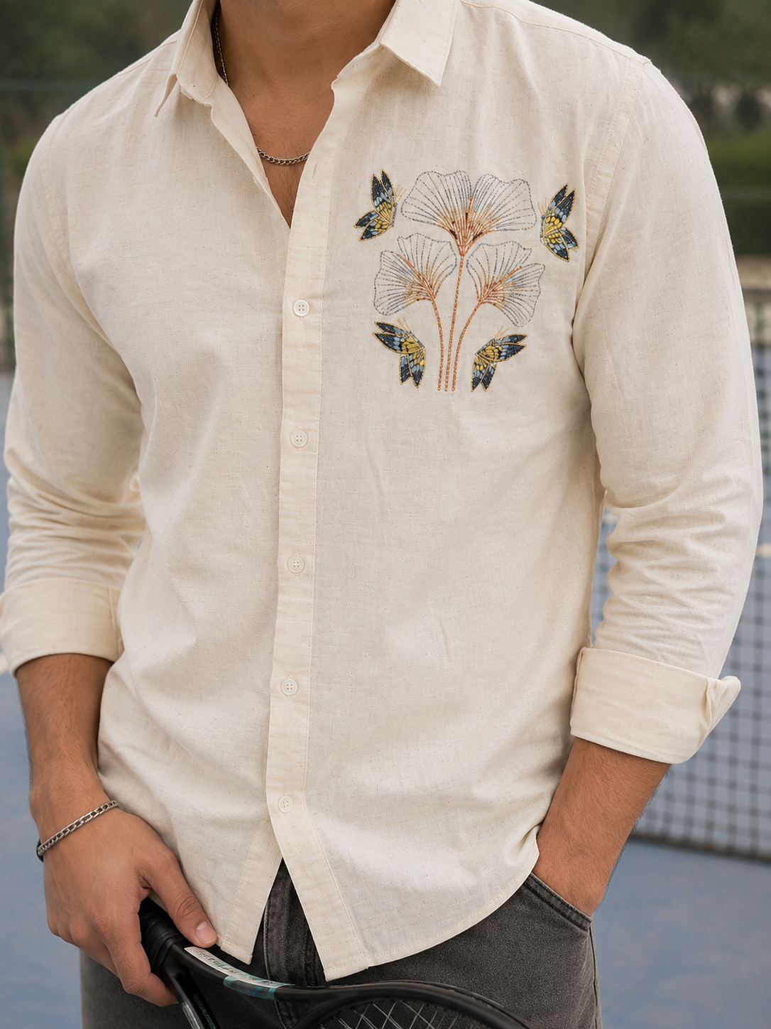 Men’s Cream Nature Motif Graphic Embroidered Linen Shirt