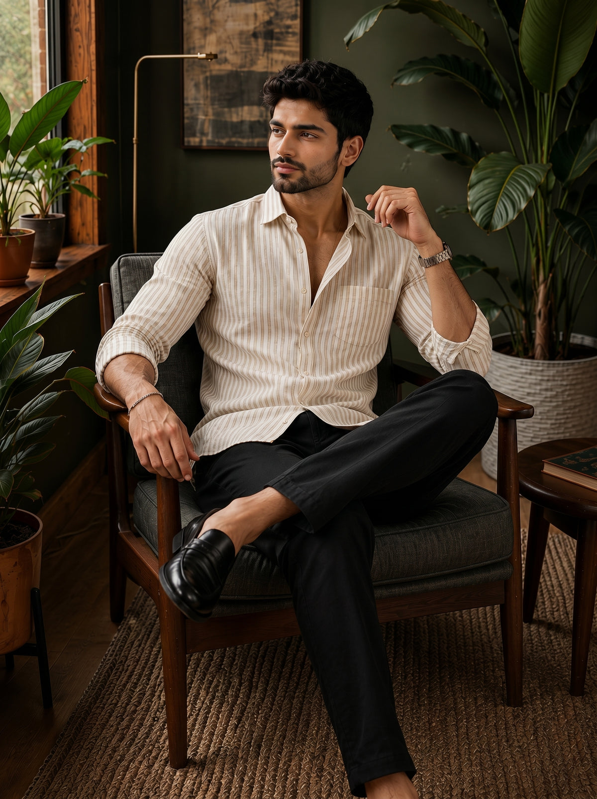 Men’s Vertical Striped Premium Cotton Linen Shirt