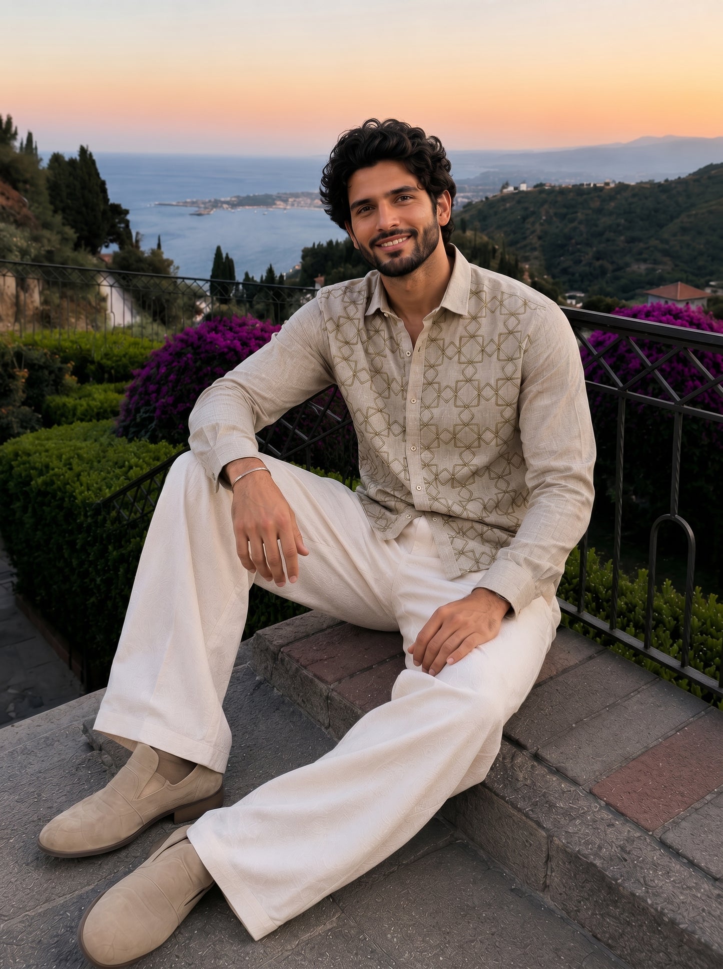 Beige Jute Embroidered Geometric Shirt for Men