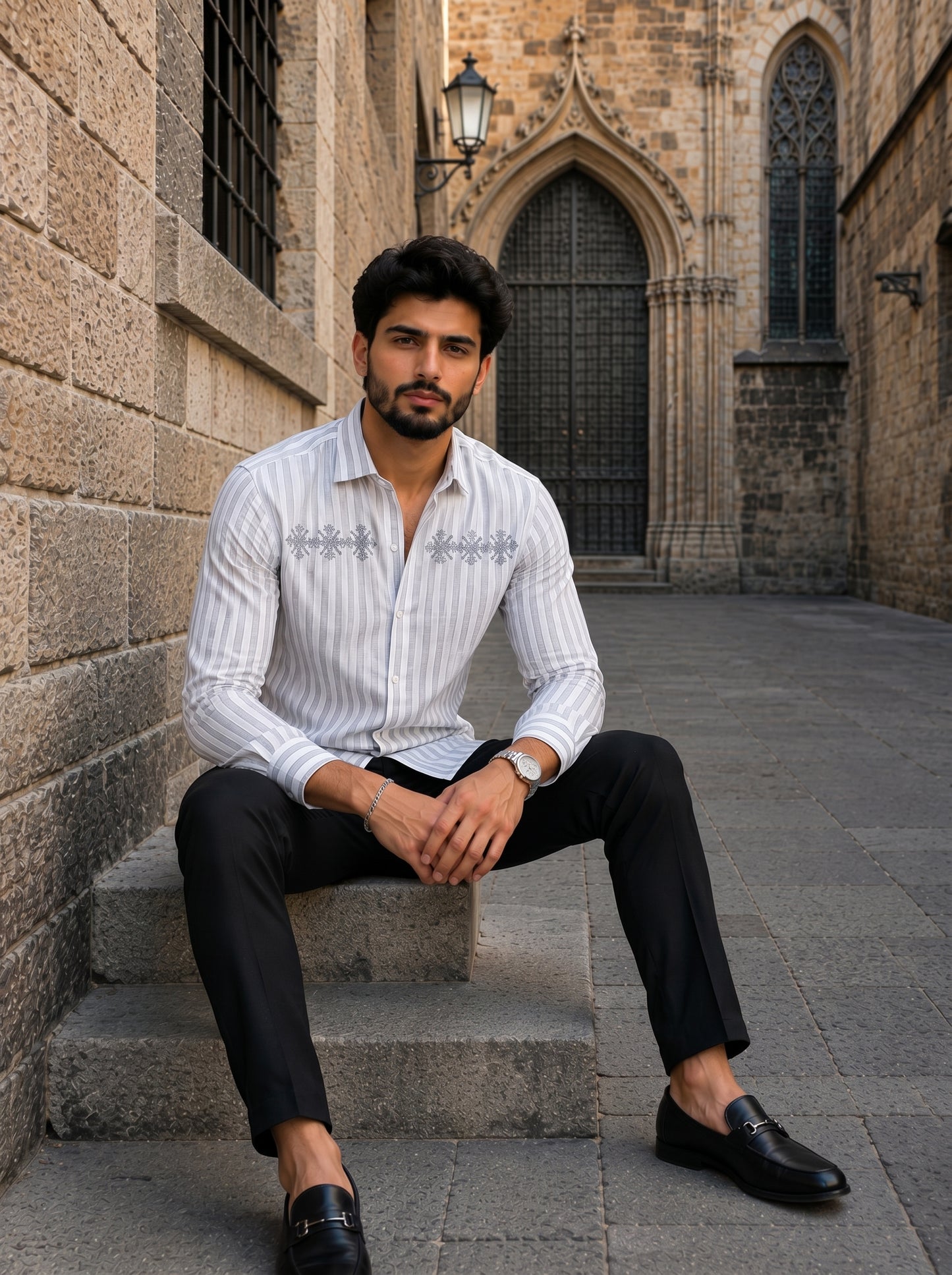 Men’s Beige Baroque Embroidered Premium Cotton Linen Shirt