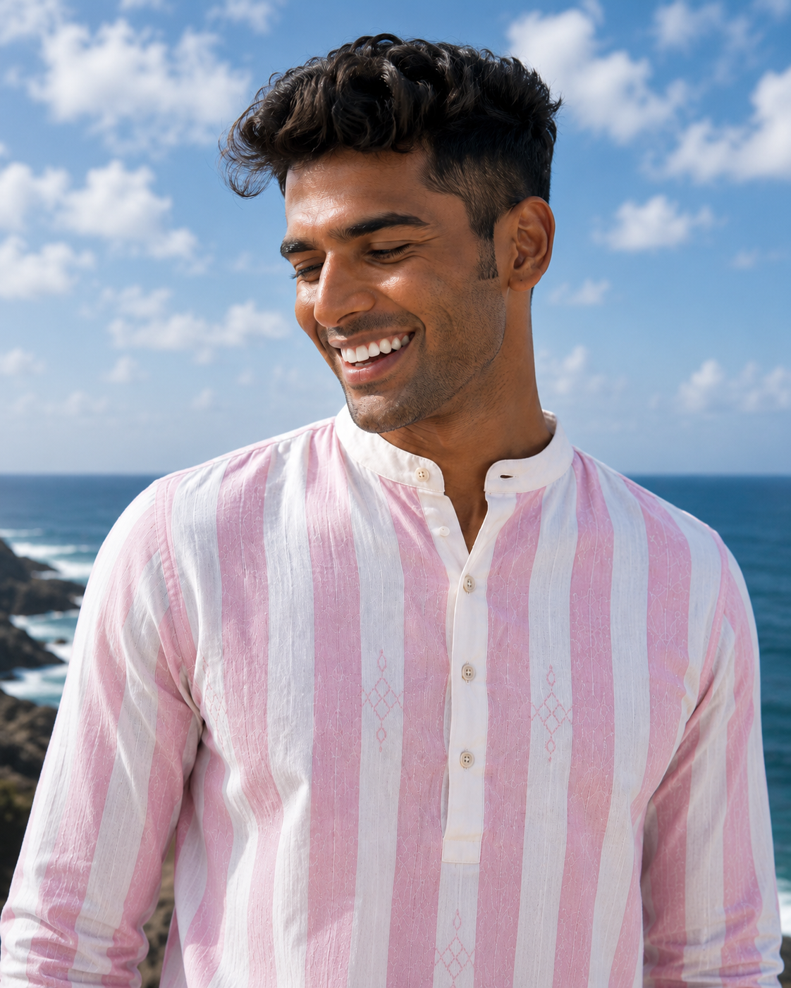 Men's Striped Short Kurta Shirt with Ethnic Embroidery
