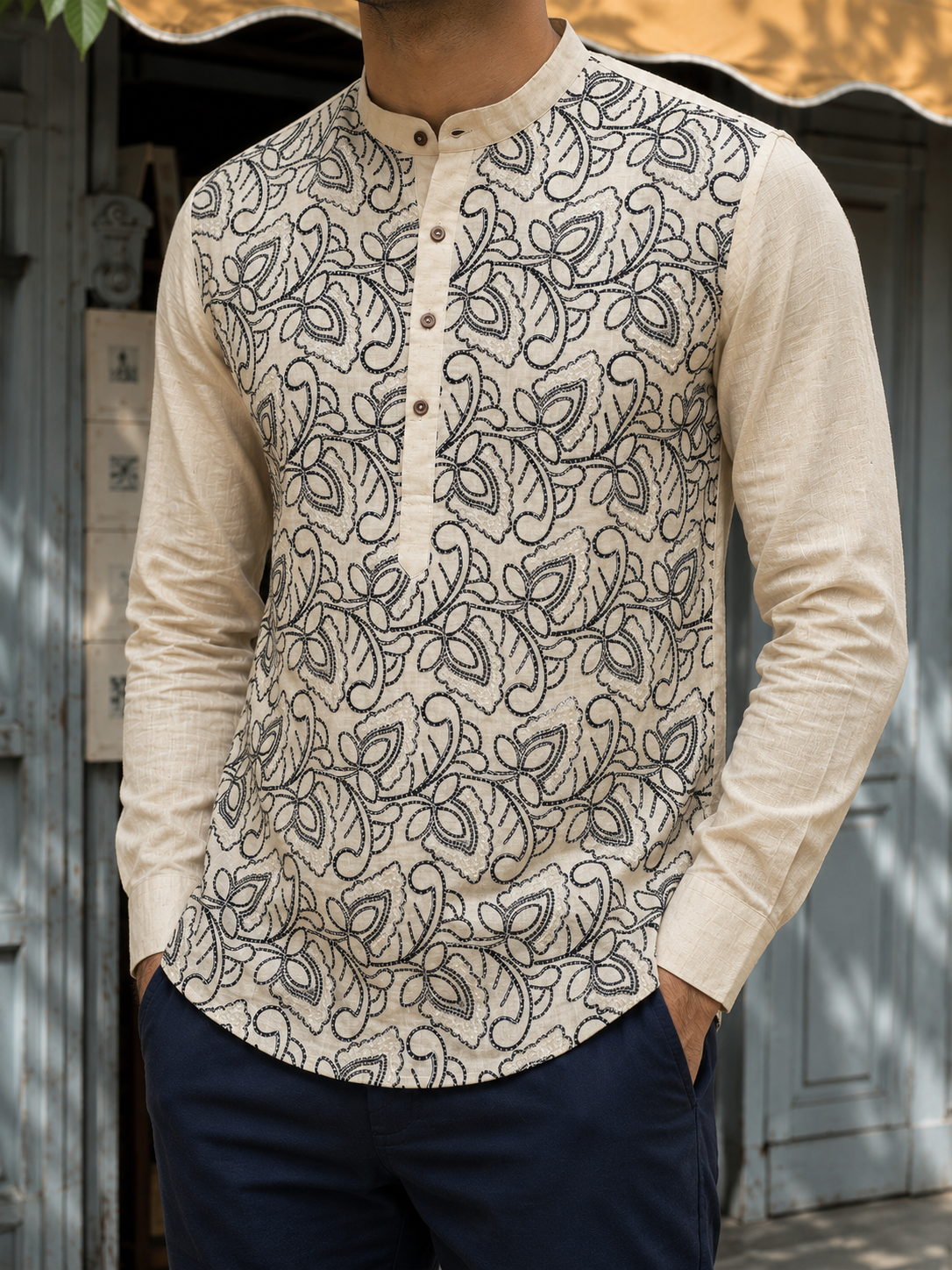 Men’s Beige & Black Paisley Embroidered Cotton Short Kurta