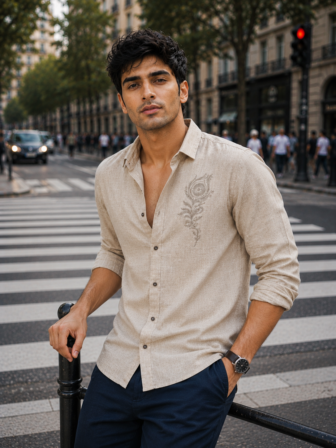 Men’s Beige Flex Cotton Shirt with Feather Embroidery Shirt