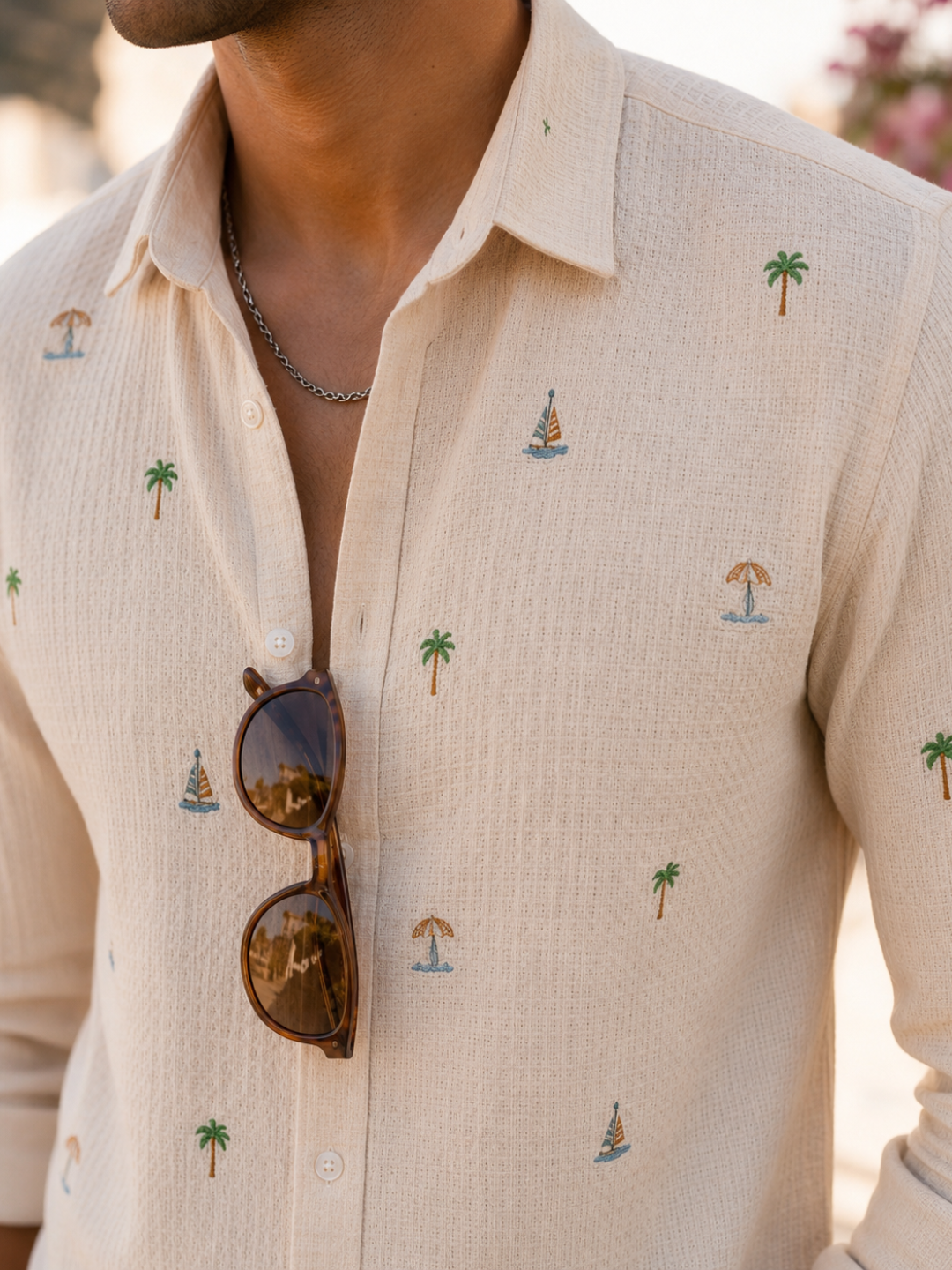 Beige Textured Embroidered Shirt