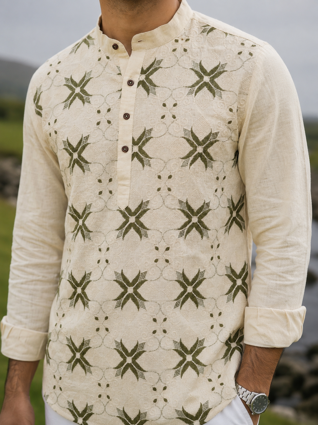 Men’s Cream & Olive Floral Embroidered Cotton Short Kurta