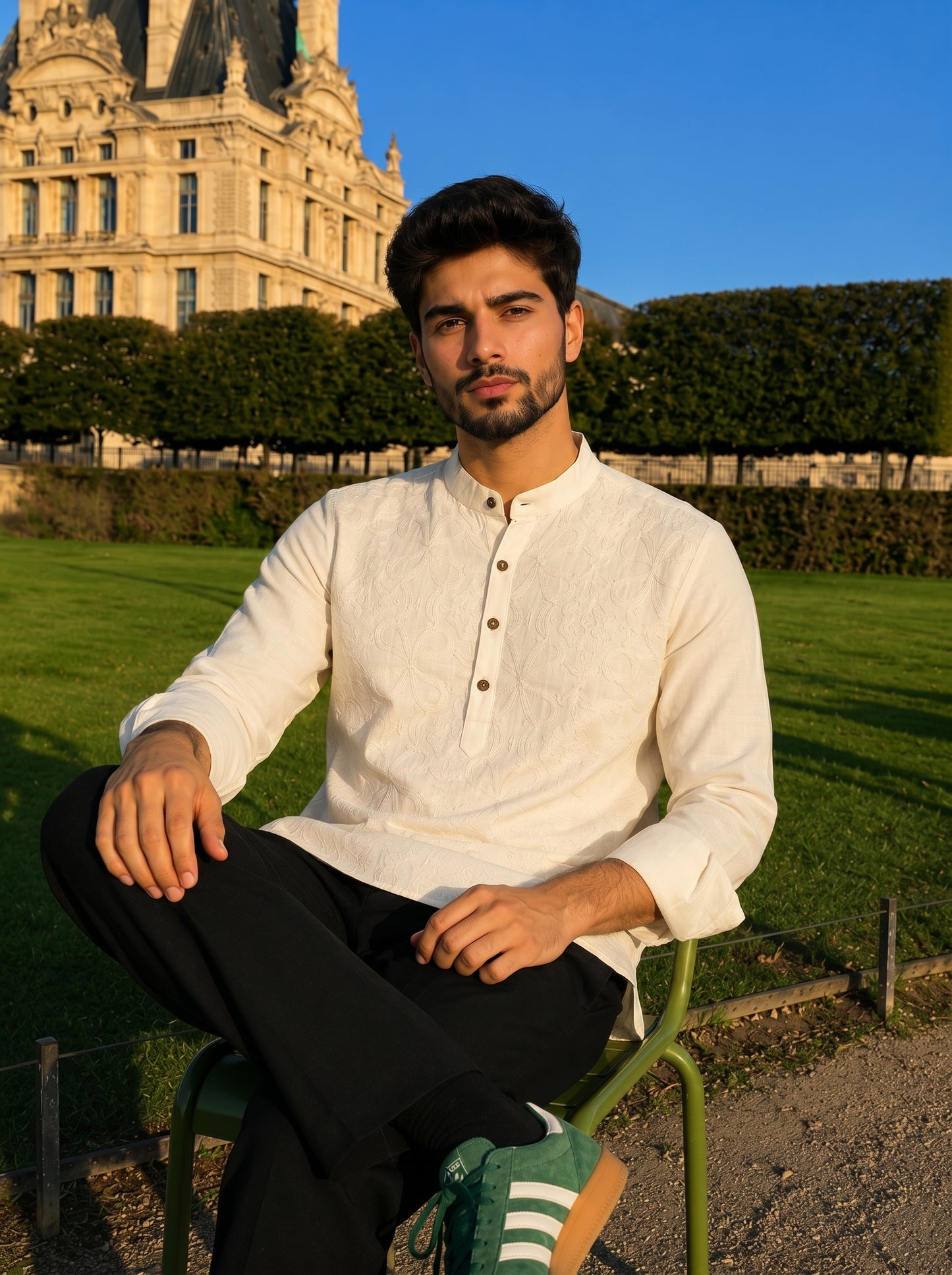 Men’s Off-White Floral Embroidered Premium Short Kurta