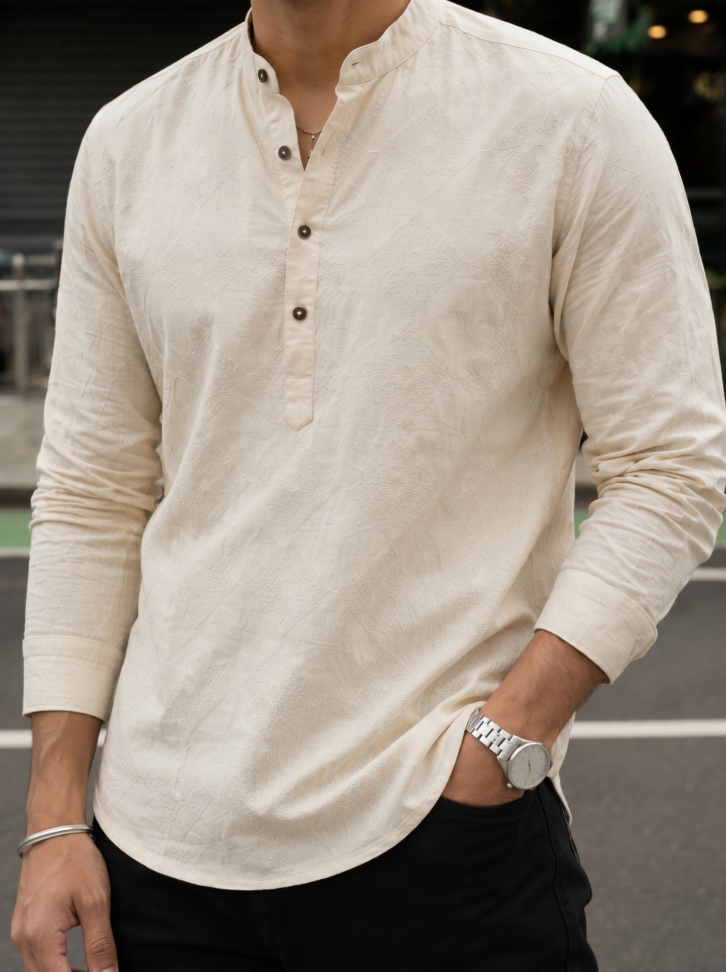 Men’s Ivory Embroidered Cotton Linen Short Kurta Shirt