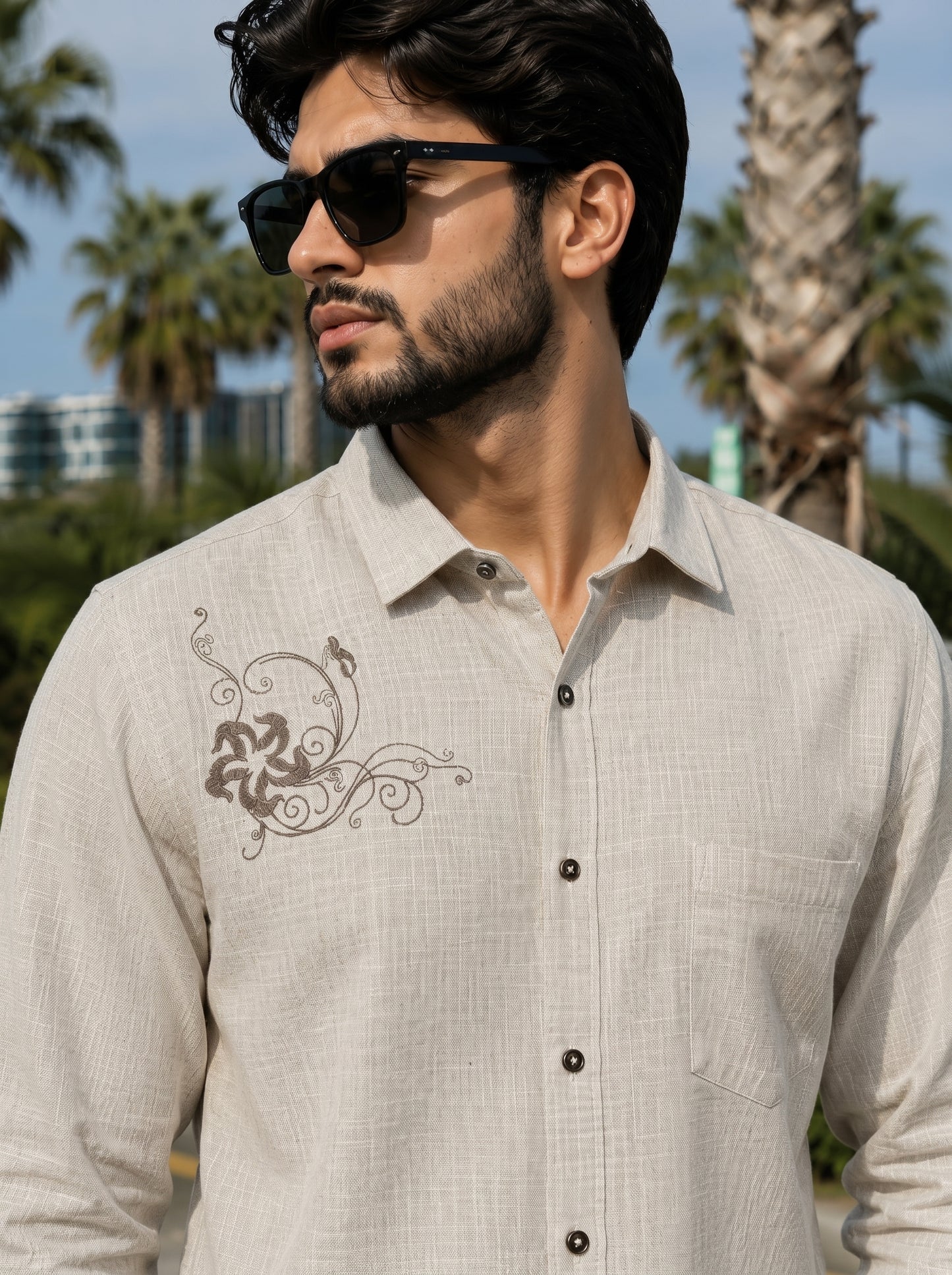 Men’s beige Floral Embroidered Cotton-Linen Shirt