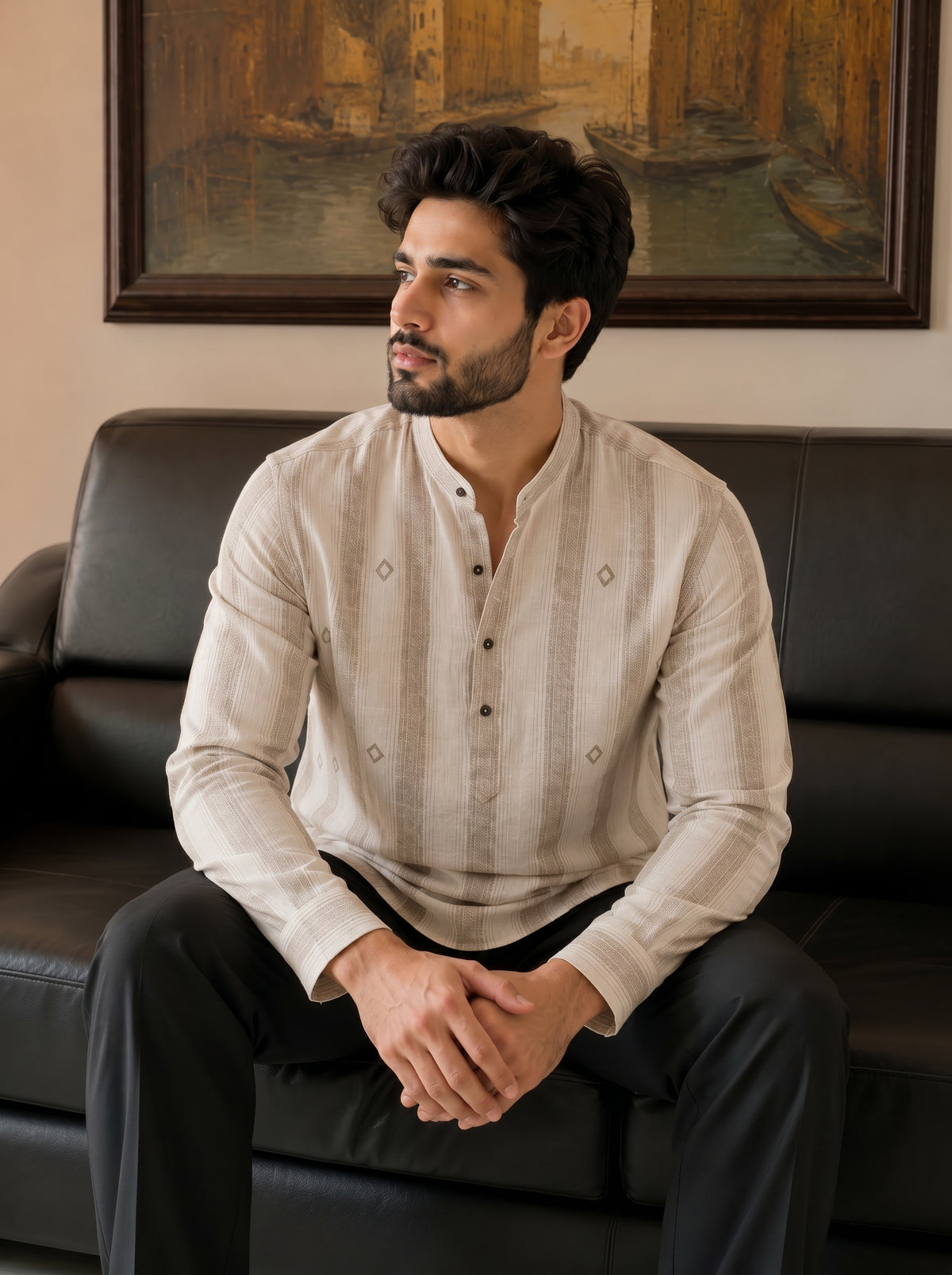 Men’s Beige Striped Kurta Shirt with Subtle Embroidery