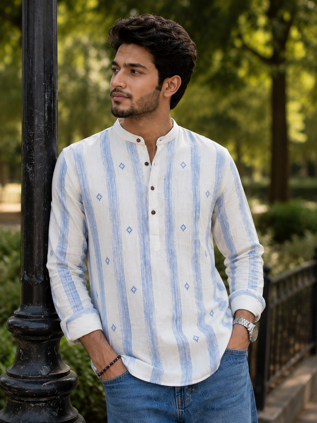 Men’s Blue Striped Embroidered Short Kurta Shirt