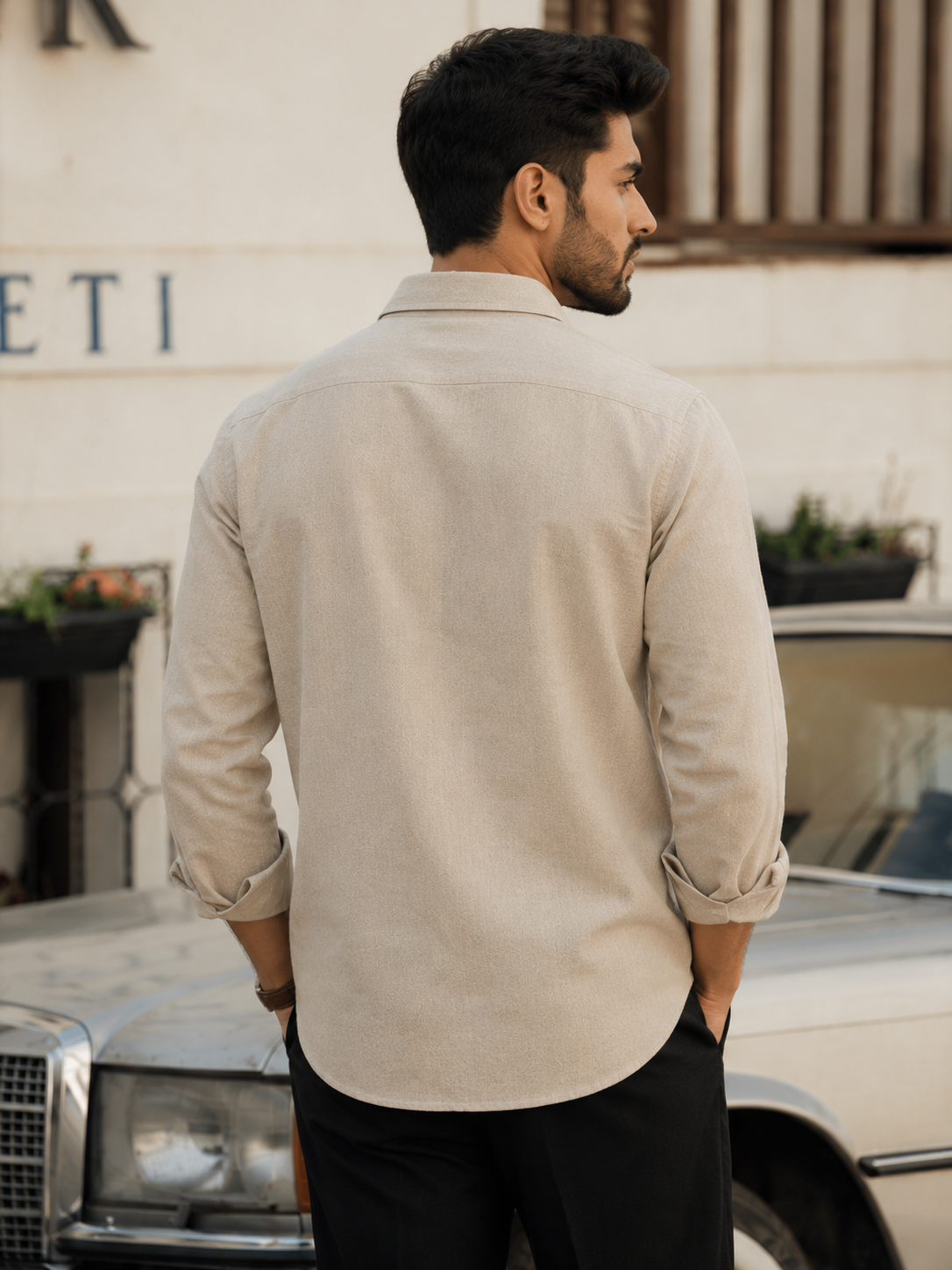 Beige Embroidered Cotton-Linen Shirt for Men