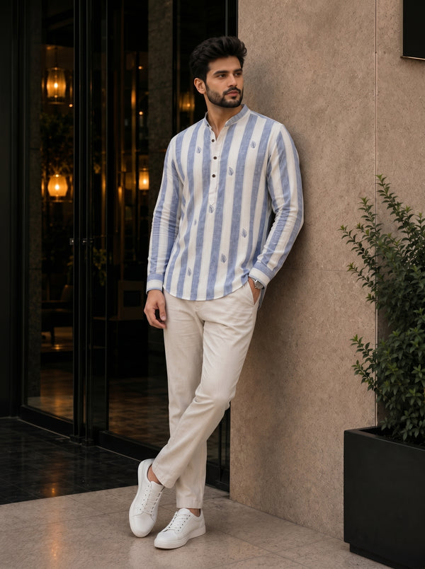 Azure Blue Striped Mandarin Collar Short Kurta Shirt for Men