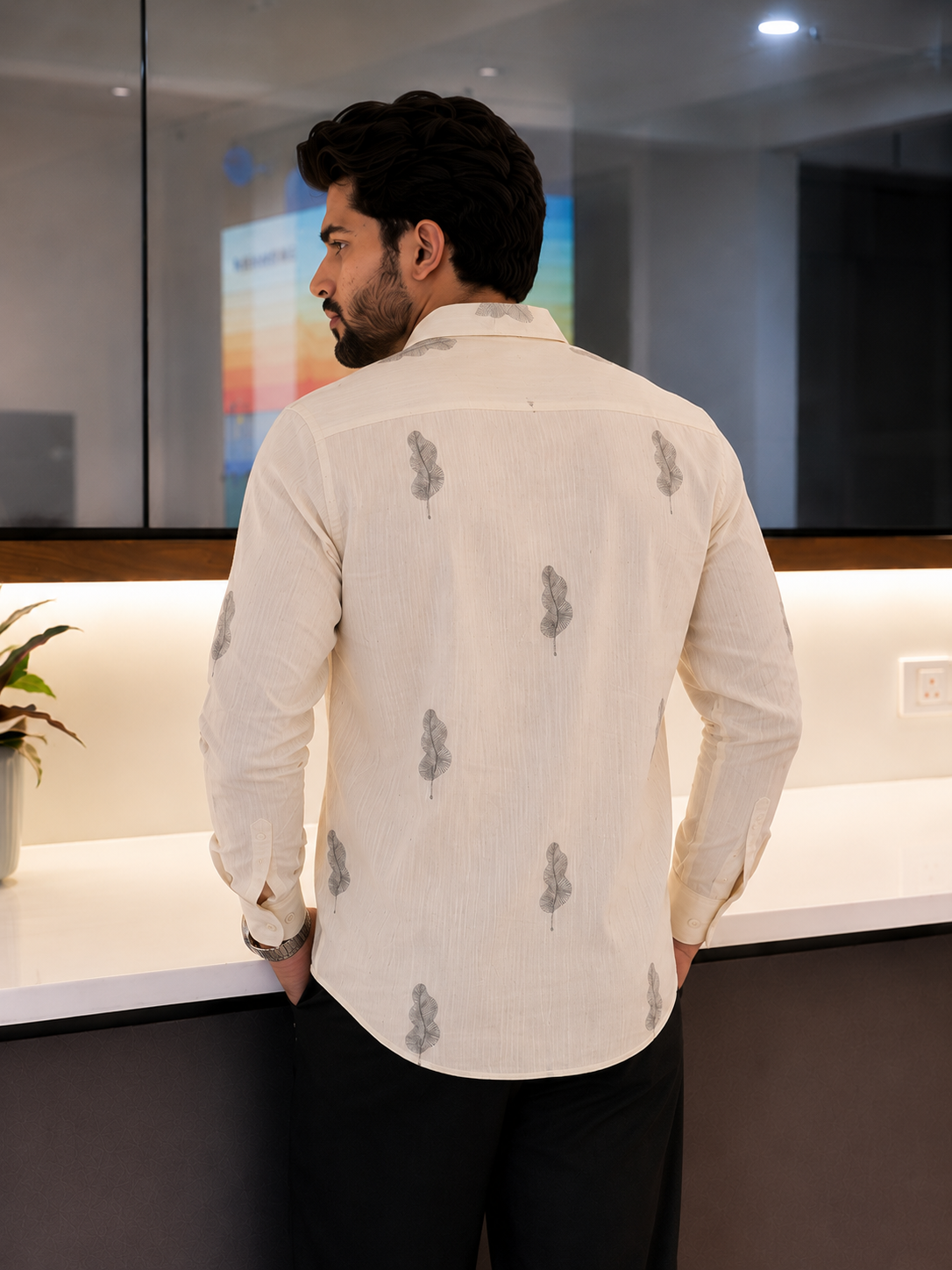 Vibe Craft Men's Feather Embroidery Textured Cotton Shirt