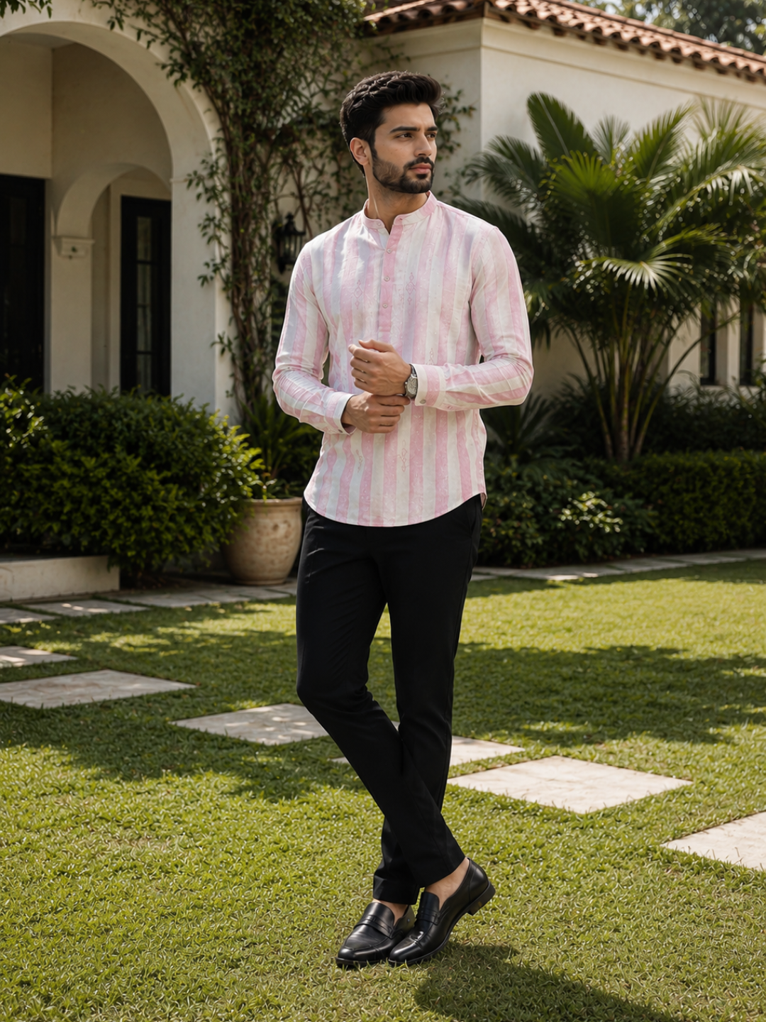 Men's Striped Short Kurta Shirt with Ethnic Embroidery