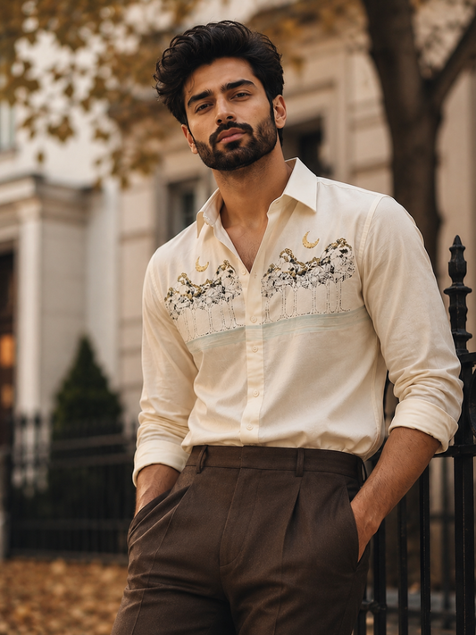 Men’s Beige Abstract Watercolor Graphic Cotton Linen Shirt