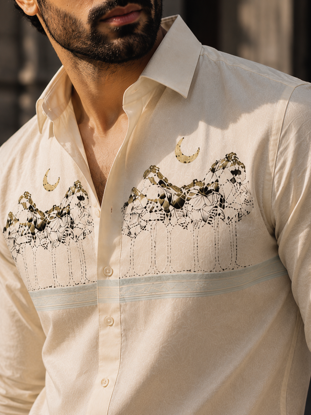 Men’s Beige Abstract Watercolor Graphic Cotton Linen Shirt