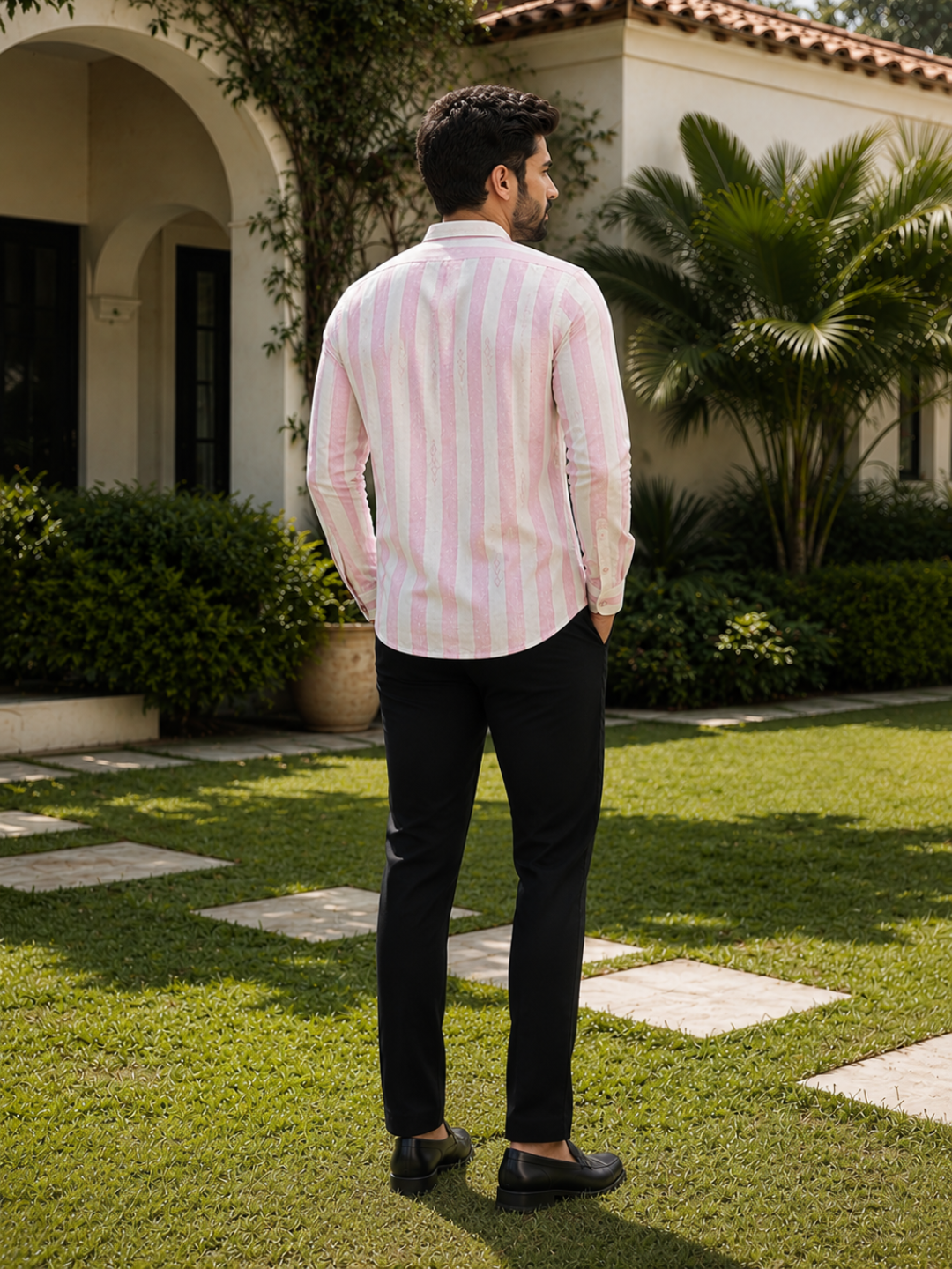 Men's Striped Short Kurta Shirt with Ethnic Embroidery