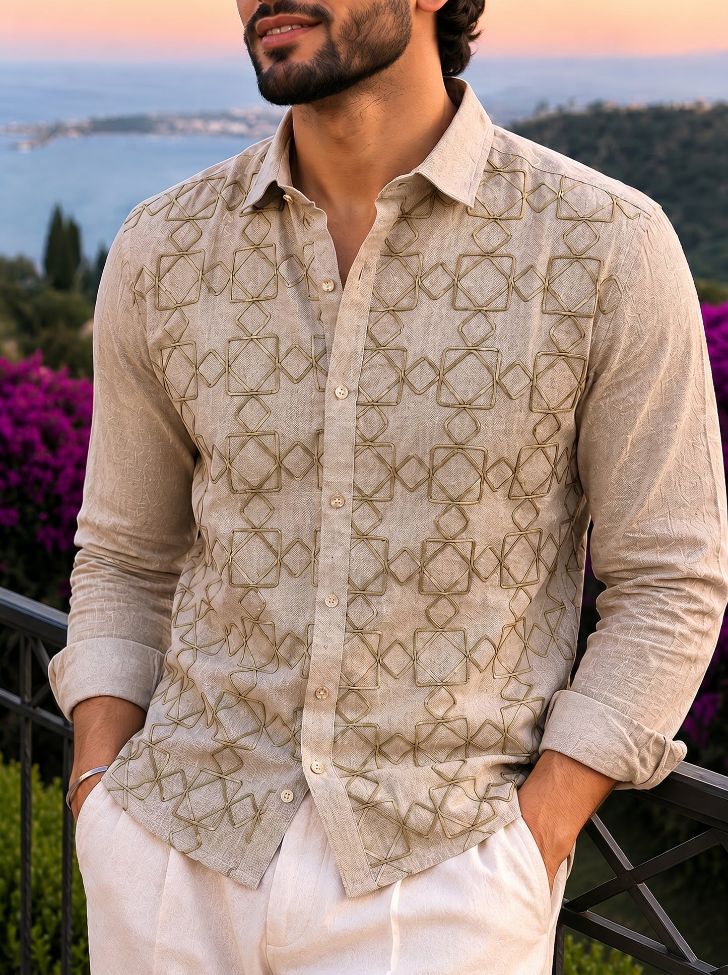 Beige Jute Embroidered Geometric Shirt for Men