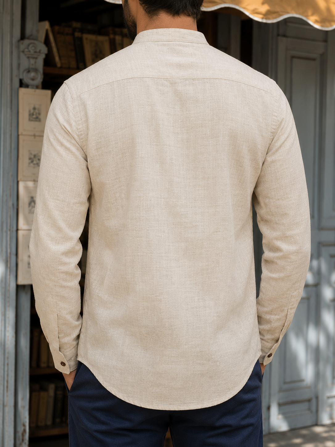Men’s Beige & Black Paisley Embroidered Cotton Short Kurta