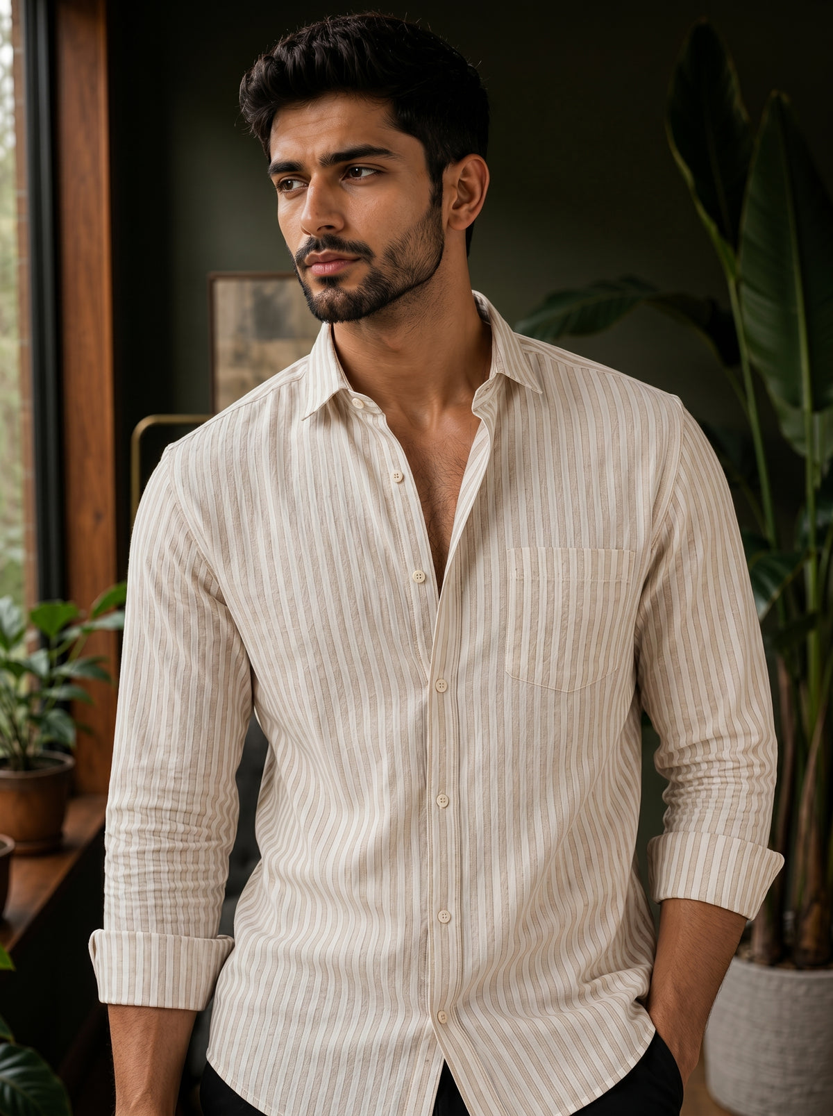 Men’s Vertical Striped Premium Cotton Linen Shirt