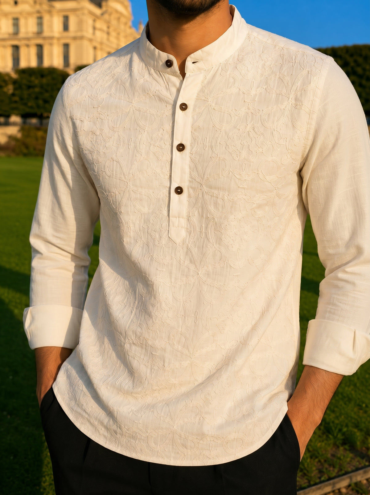 Men’s Off-White Floral Embroidered Premium Short Kurta