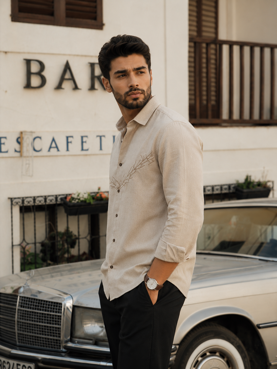 Beige Embroidered Cotton-Linen Shirt for Men