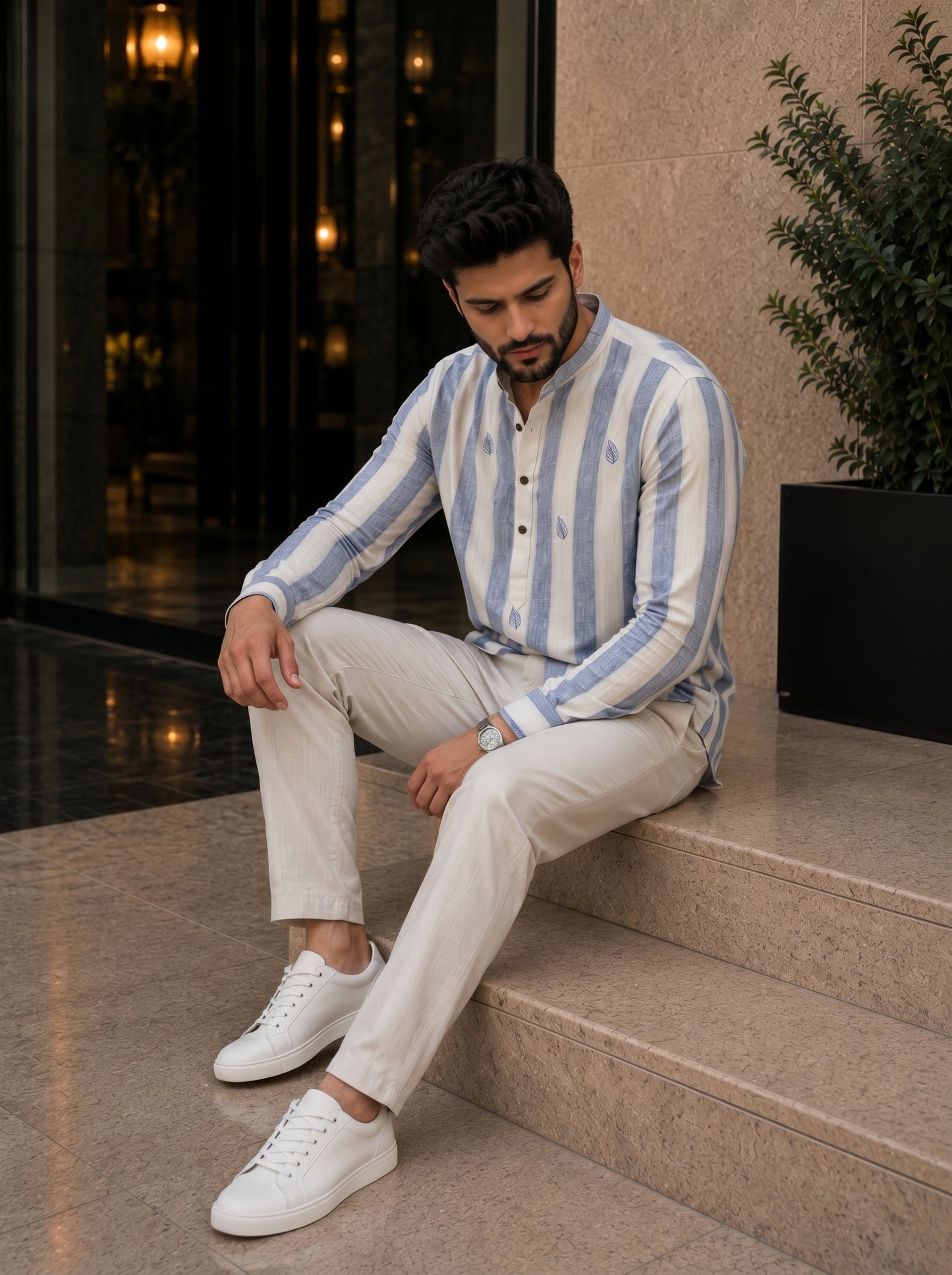 Azure Blue Striped Mandarin Collar Short Kurta Shirt for Men