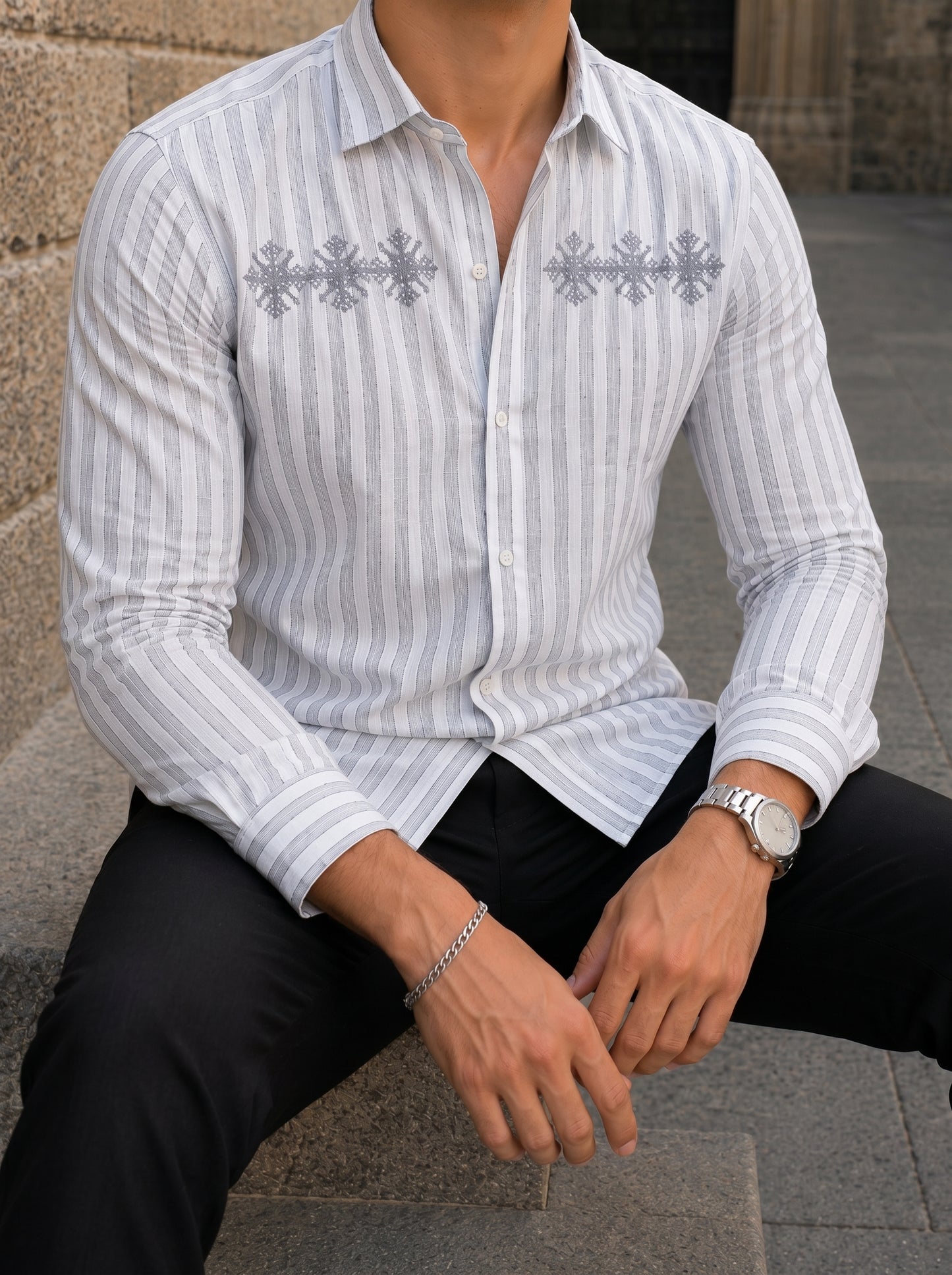 Men’s Beige Baroque Embroidered Premium Cotton Linen Shirt