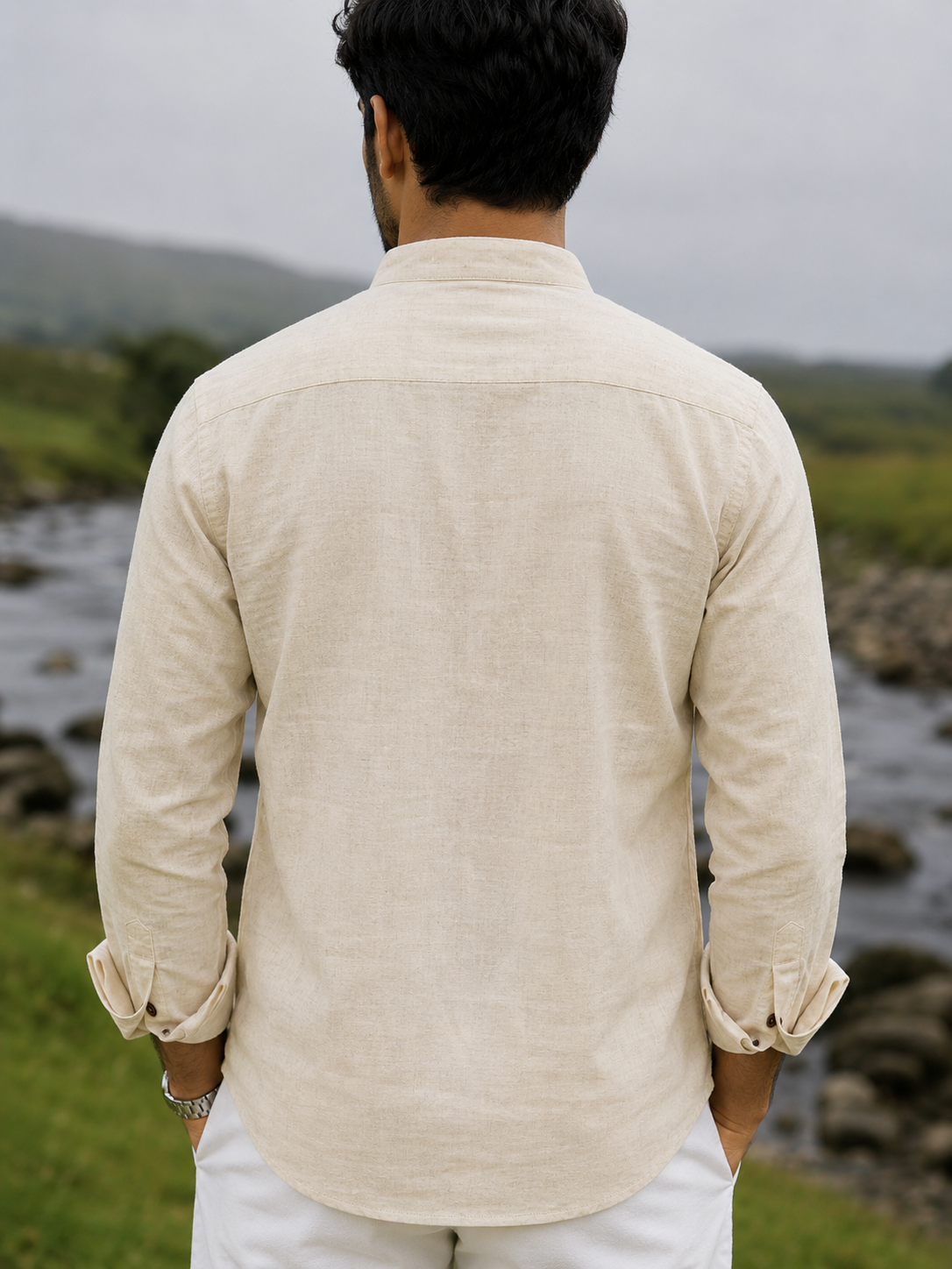 Men’s Cream & Olive Floral Embroidered Cotton Short Kurta