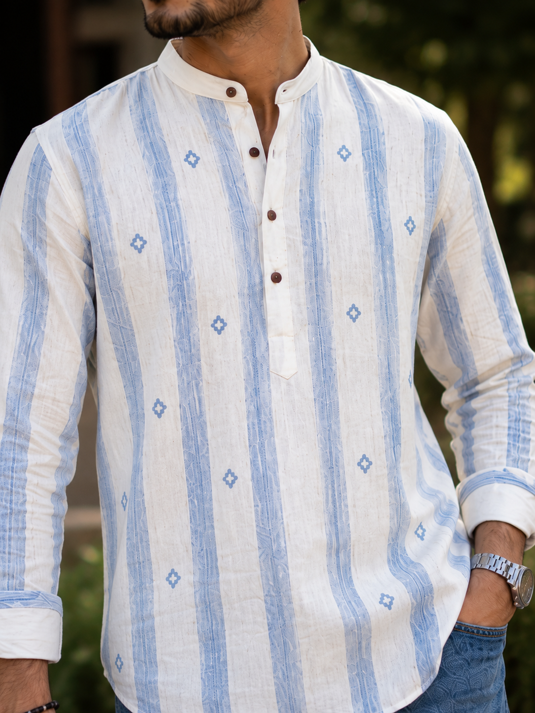Men’s Blue Striped Embroidered Short Kurta Shirt