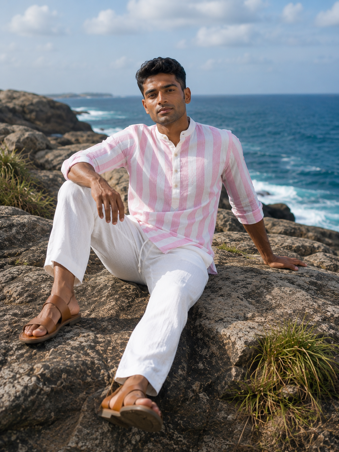 Men's Striped Short Kurta Shirt with Ethnic Embroidery