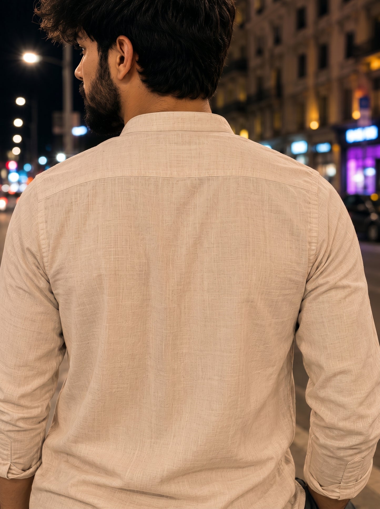 Men’s Cream Short Kurta with Olive Green Floral Embroidery