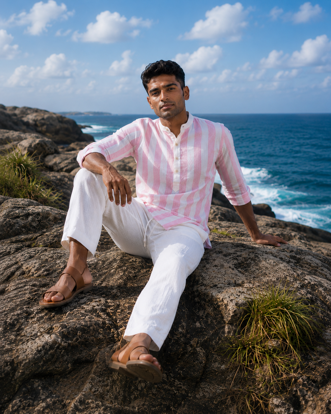 Men's Striped Short Kurta Shirt with Ethnic Embroidery