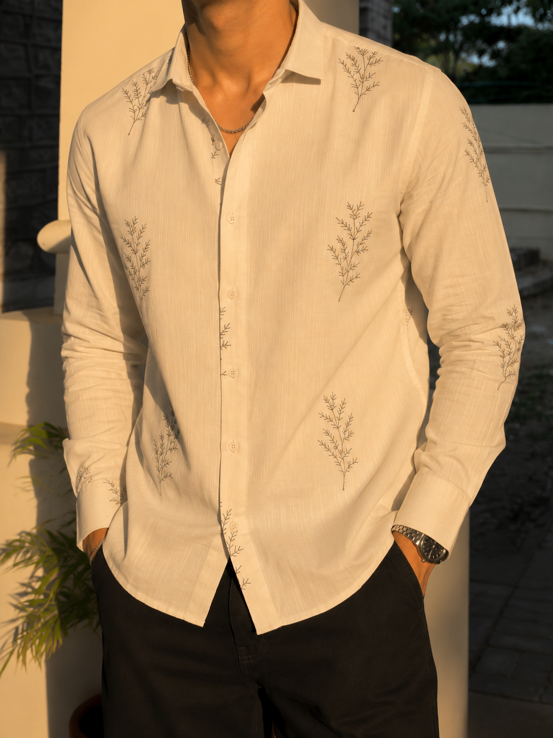 Minimal Fern Embroidery Shirt for Men