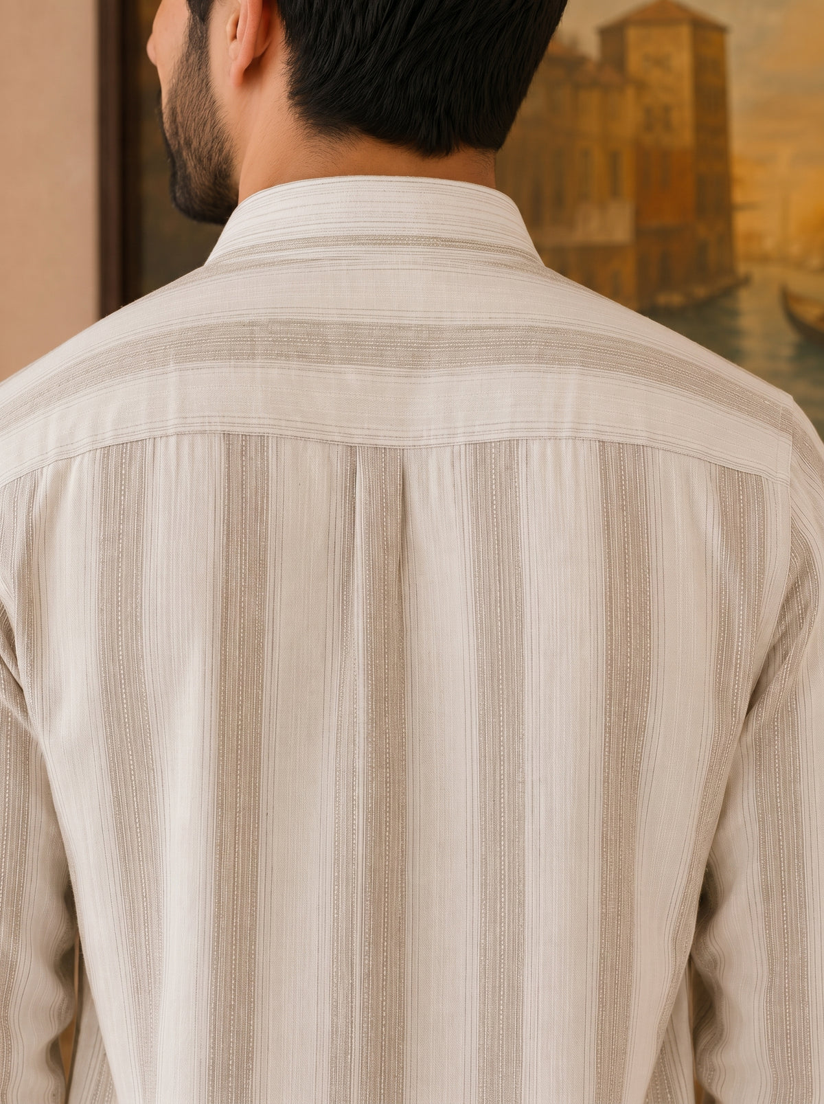 Men’s Beige Striped Kurta Shirt with Subtle Embroidery