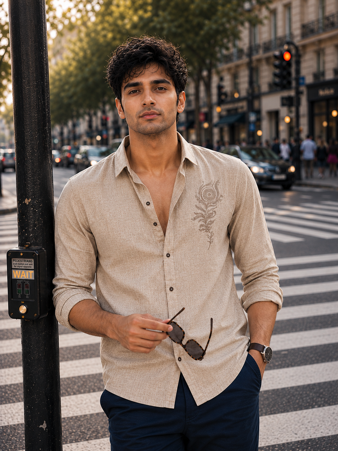 Men’s Beige Flex Cotton Shirt with Feather Embroidery Shirt