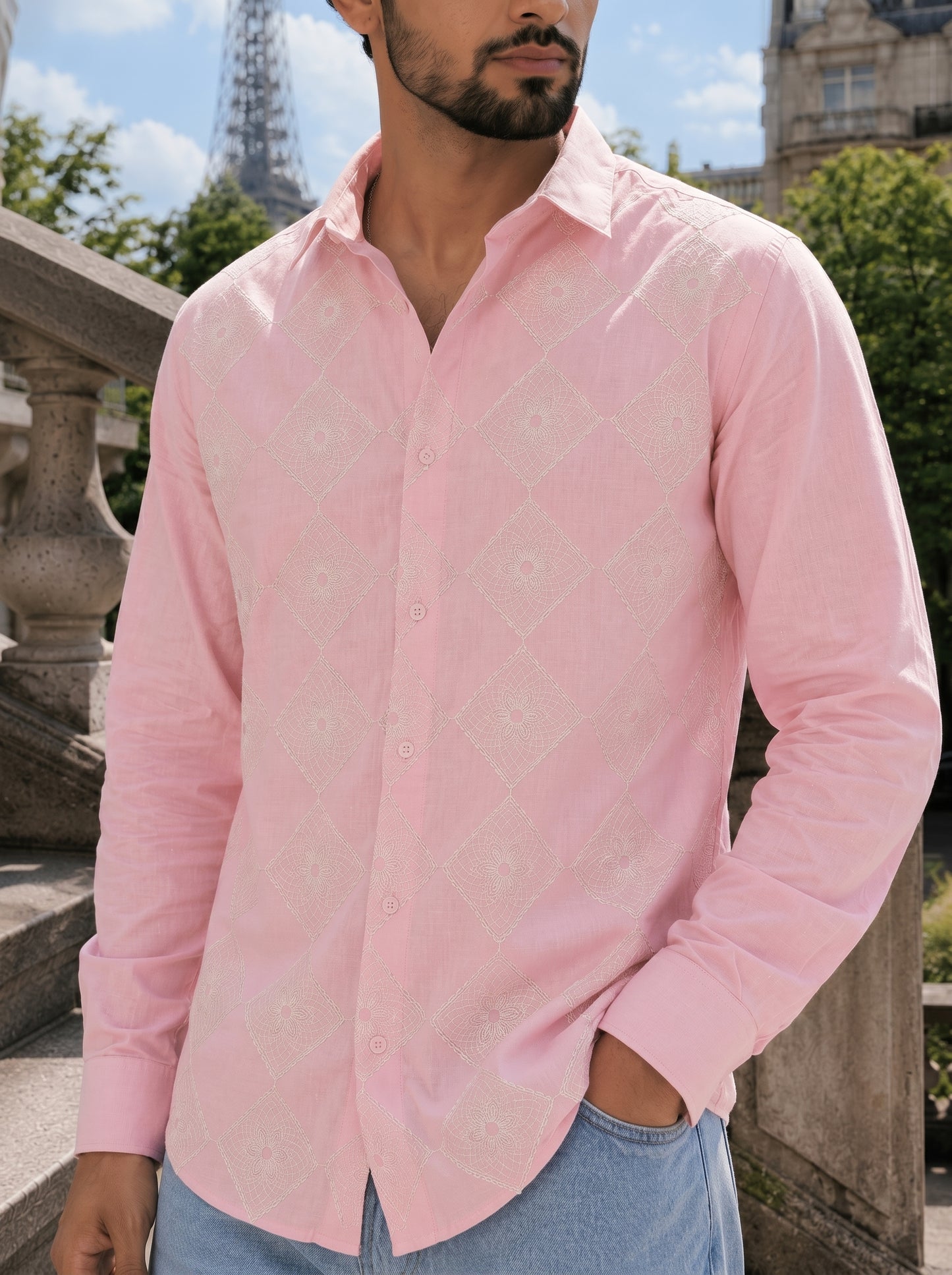 Men’s Pink Embroidered Designer Casual Shirt