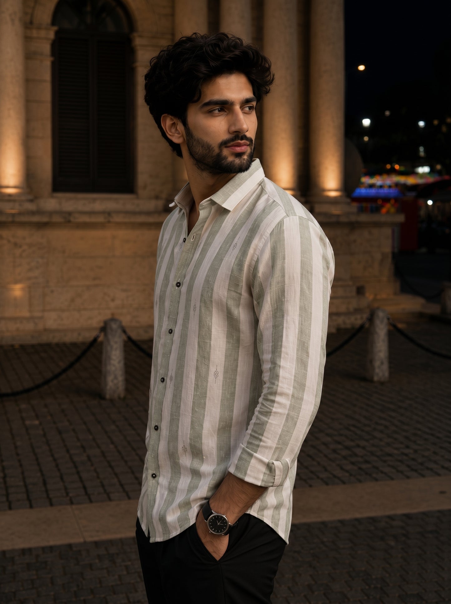 Men's Pastel Green Vertical Striped Embroidered Shirt