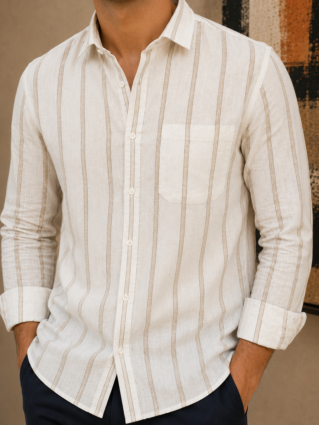 Men’s Beige Vertical Stripe Linen Shirt