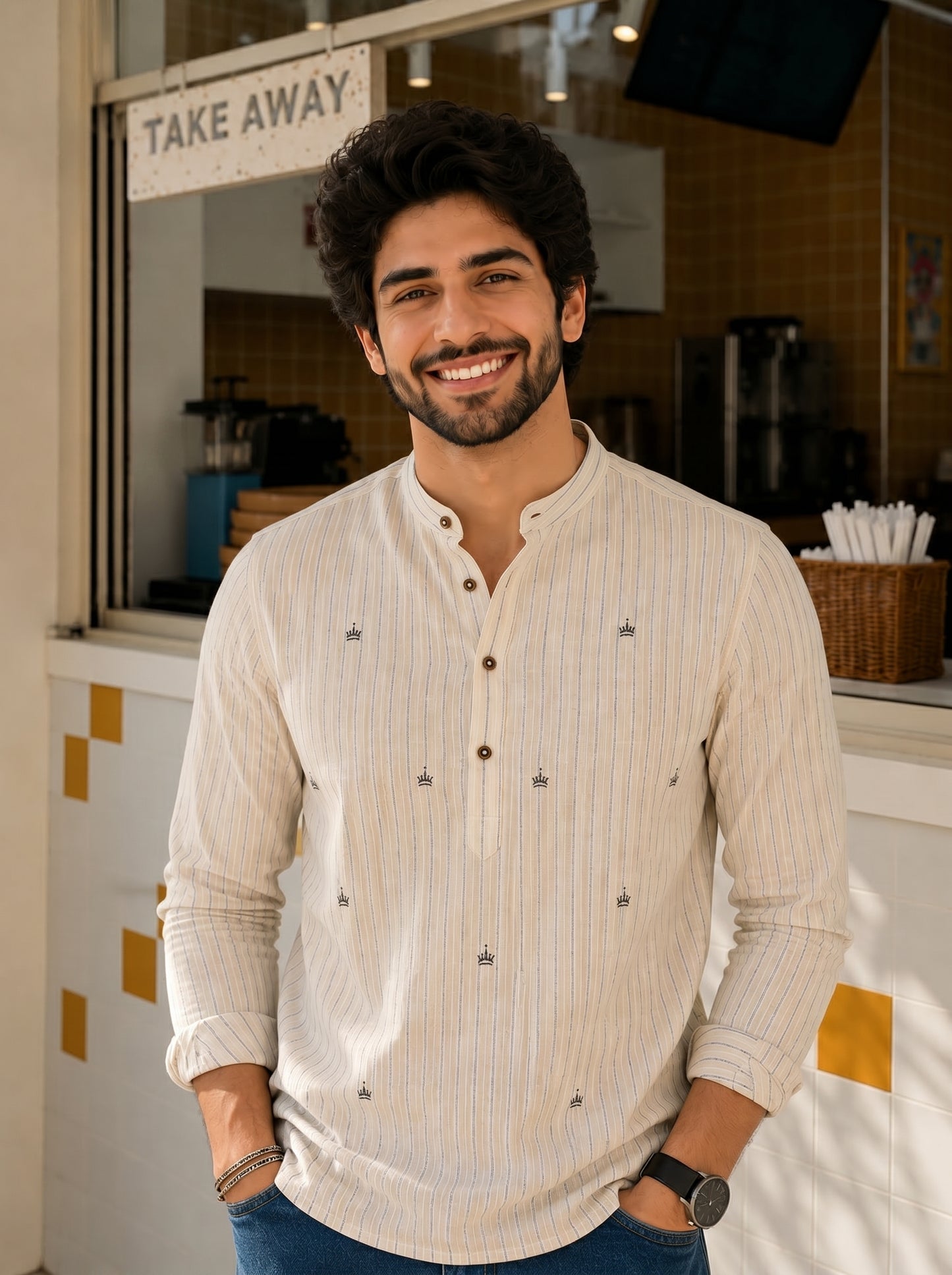 Men’s Striped Embroidery Kurta Shirt