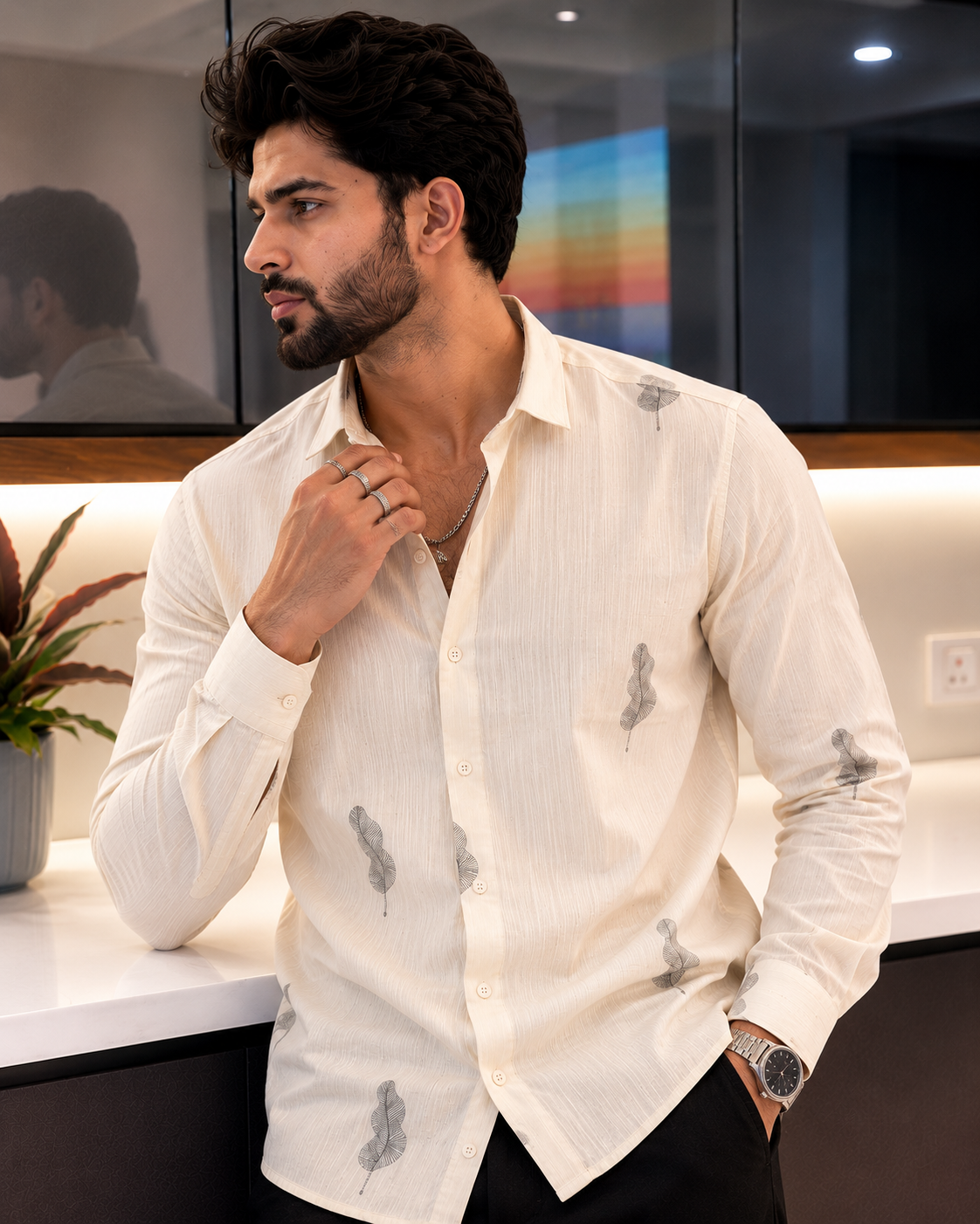Vibe Craft Men's Feather Embroidery Textured Cotton Shirt