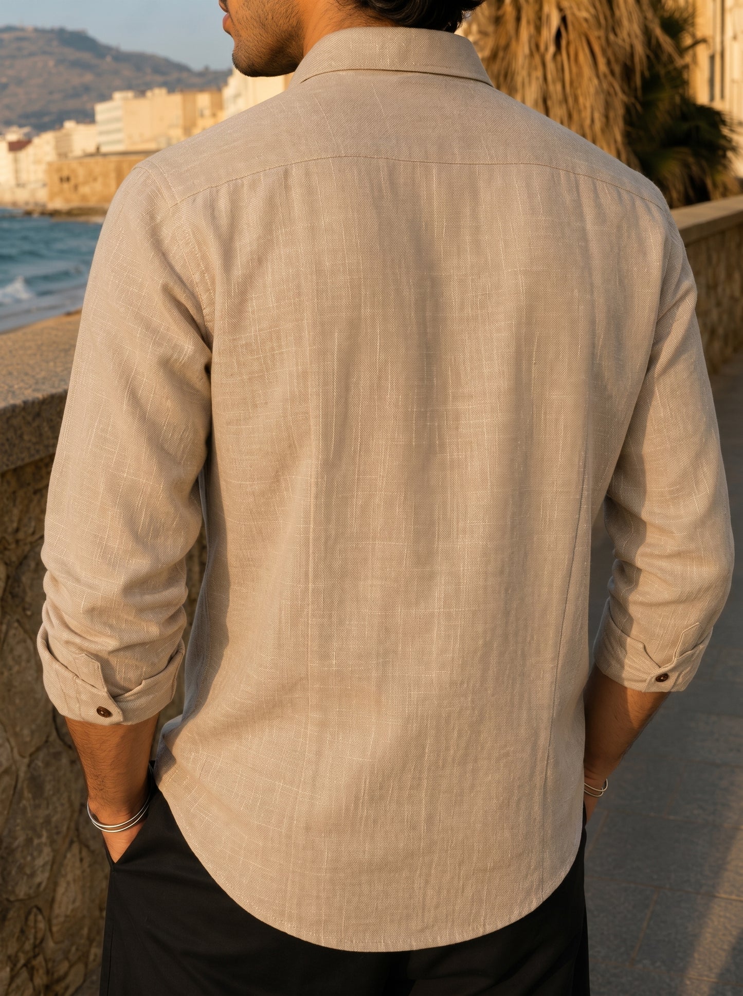 Beige Geometric Embroidered Premium Cotton Linen Men's Shirt