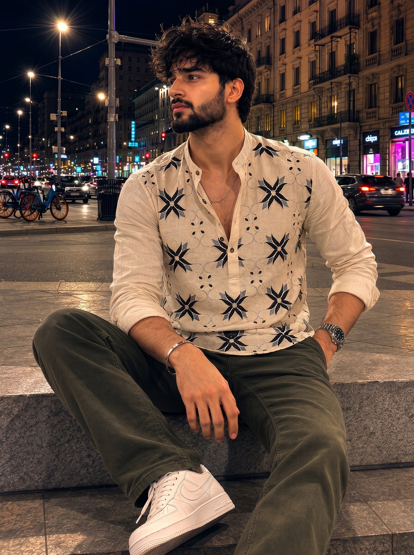 Men’s Cream Short Kurta with Olive Green Floral Embroidery