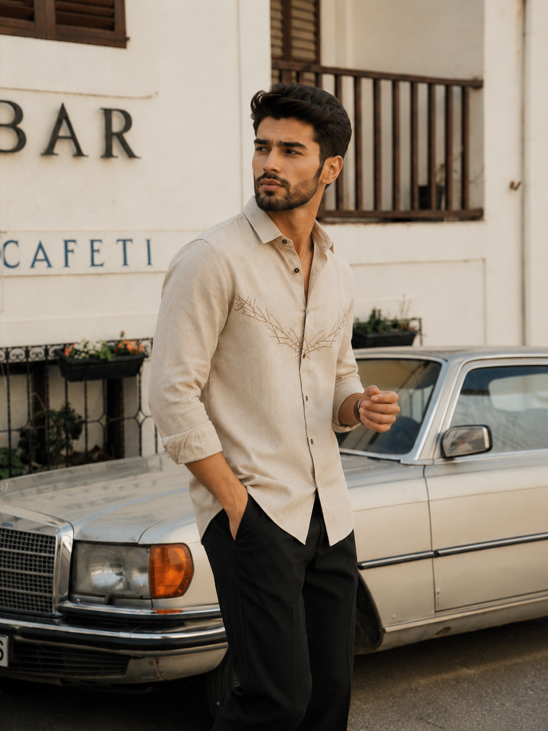 Beige Embroidered Cotton-Linen Shirt for Men