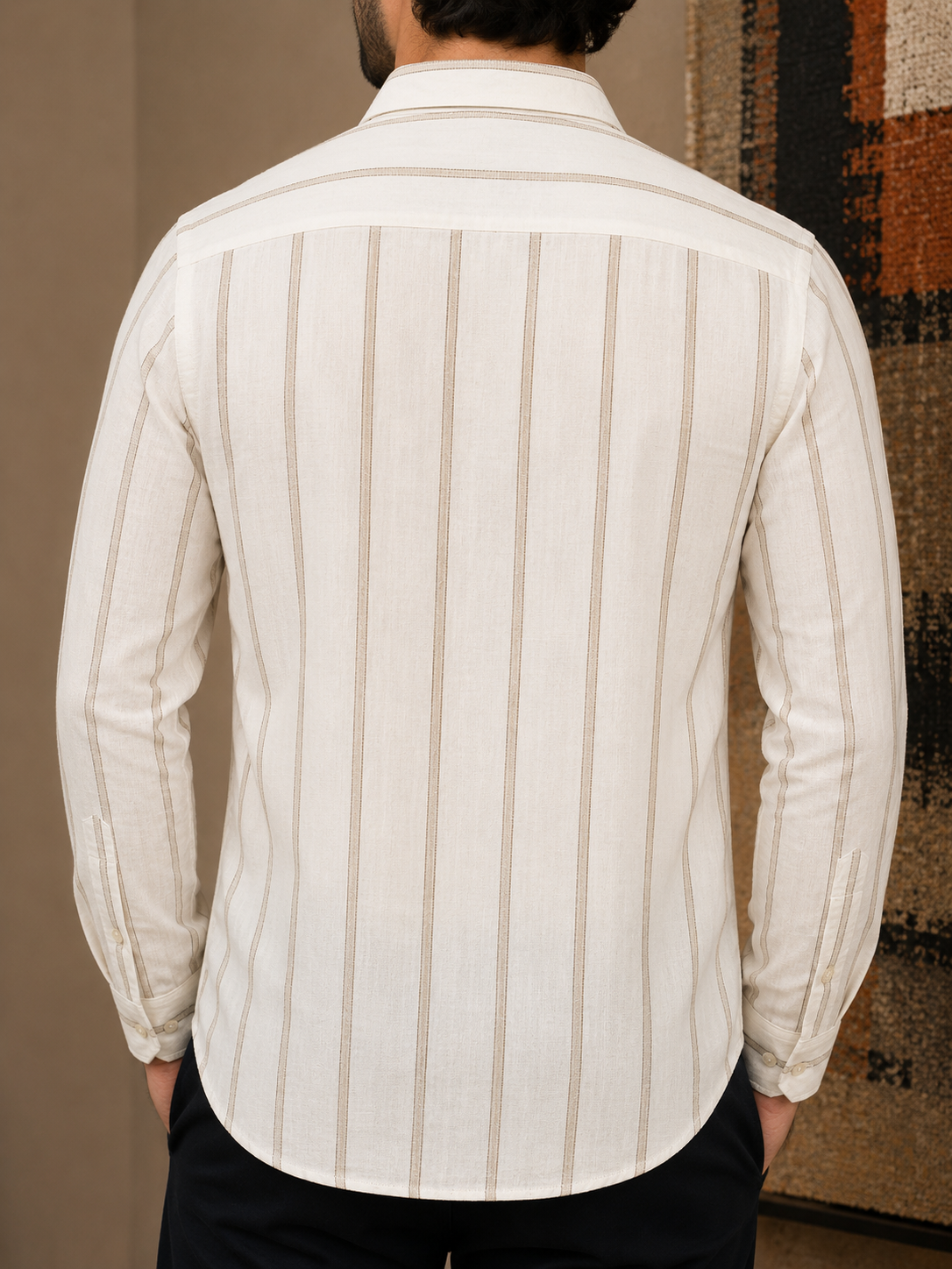 Men’s Beige Vertical Stripe Linen Shirt