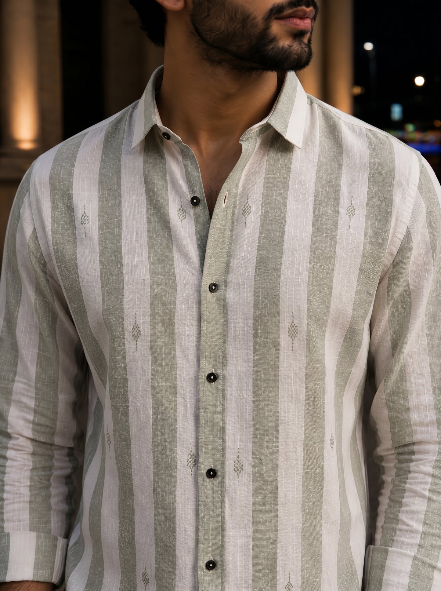 Men's Pastel Green Vertical Striped Embroidered Shirt