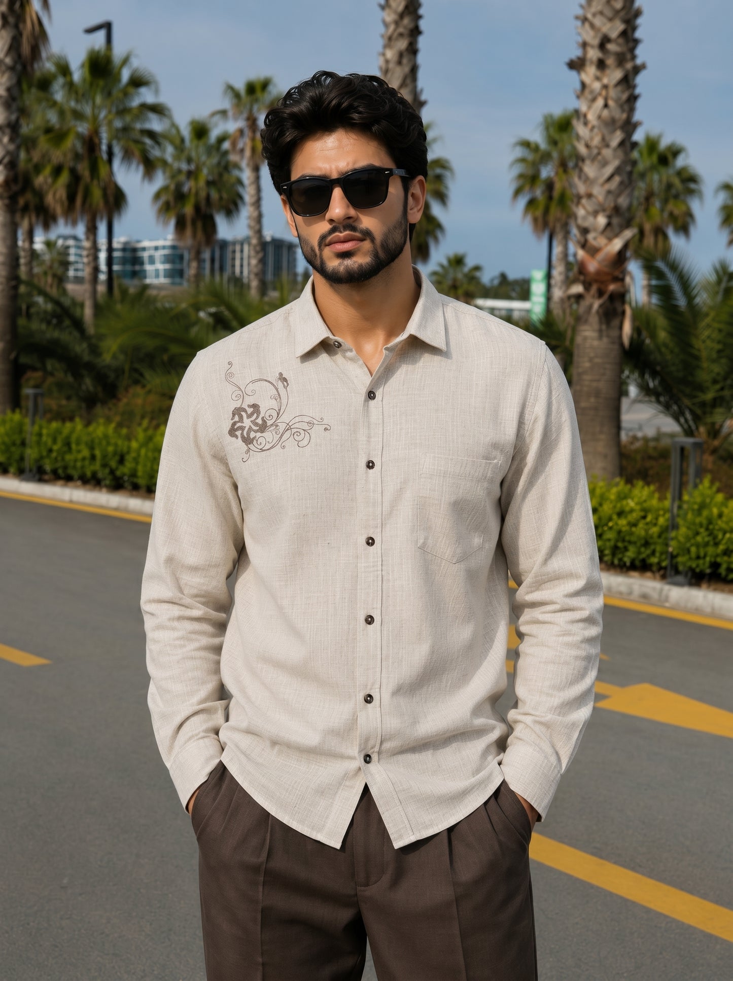 Men’s beige Floral Embroidered Cotton-Linen Shirt