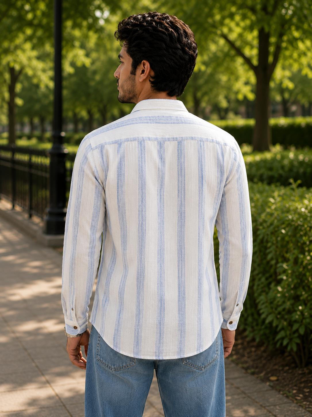 Men’s Blue Striped Embroidered Short Kurta Shirt