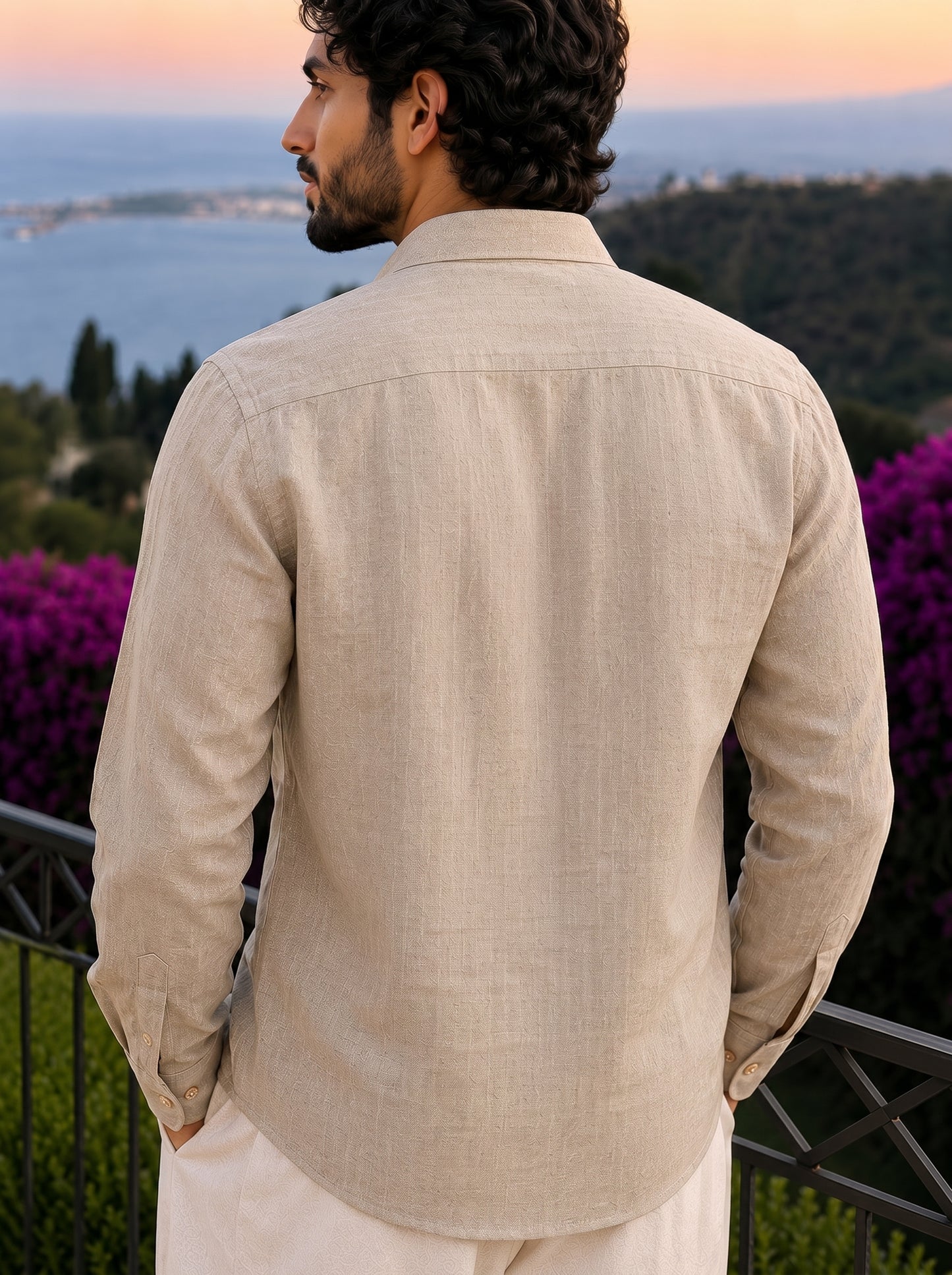Beige Jute Embroidered Geometric Shirt for Men