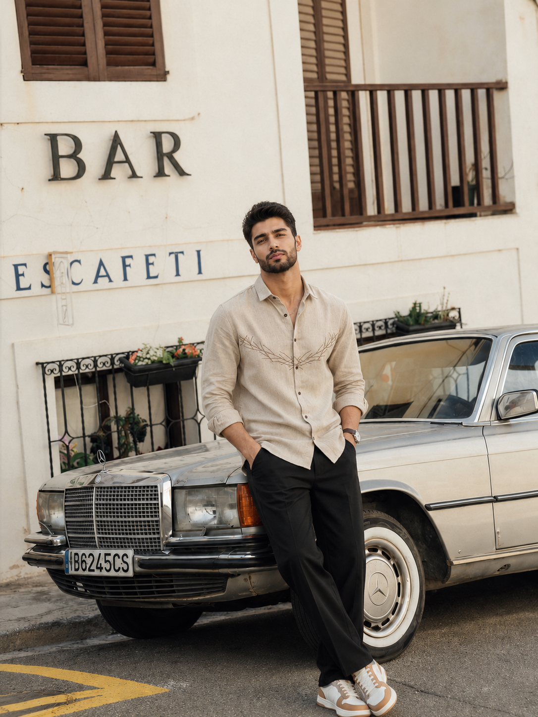 Beige Embroidered Cotton-Linen Shirt for Men